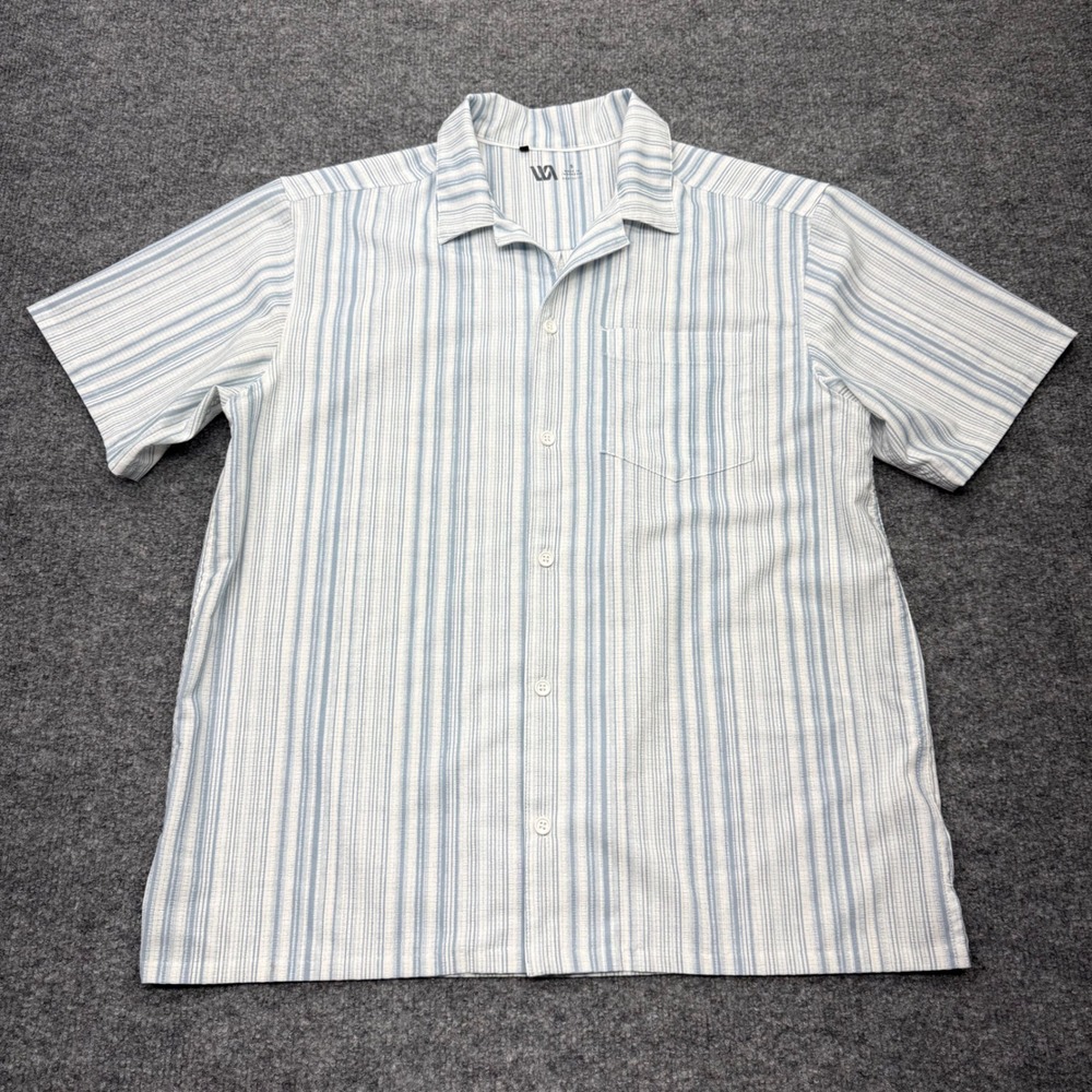 Mack Weldon Mens Blue White Striped Camp Collar Short Sleeve Seersucker Shirt S